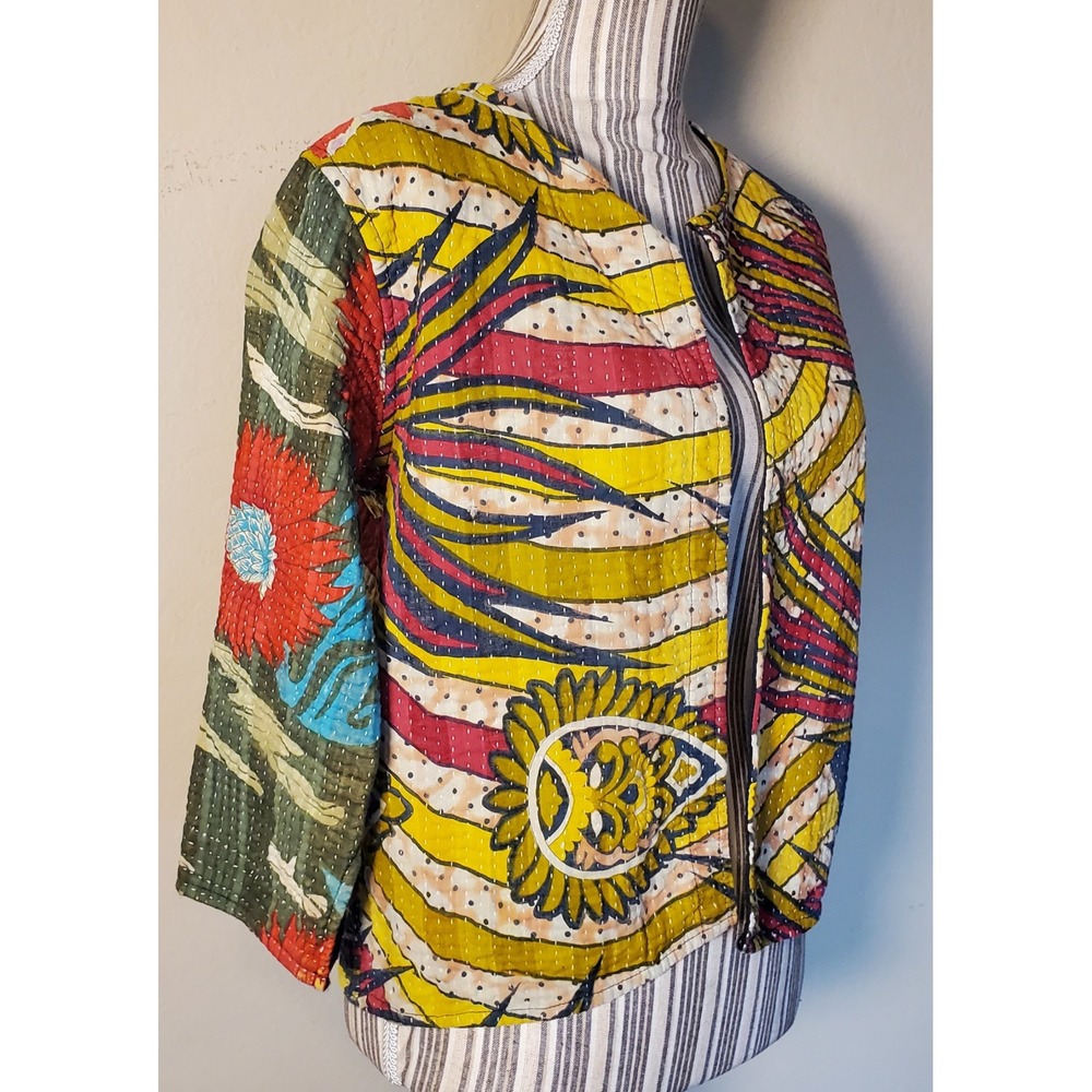 Handmade Kantha Quilt Jacket XS Cotton Floral Paisley Boho Open Front Multi